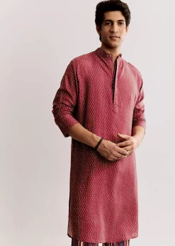 Red Linen Kurta Jacket Set With Ajrakh Print