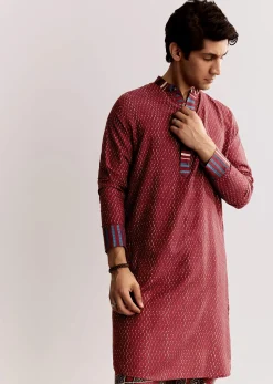 Red Linen Kurta Set With Ajrakh Print