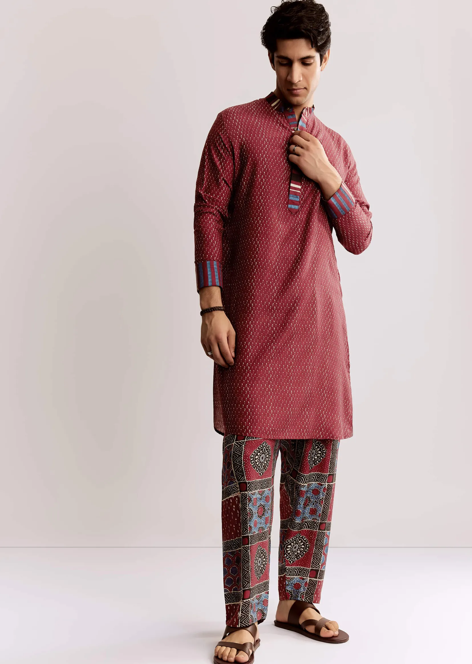 Red Linen Kurta Set With Ajrakh Print