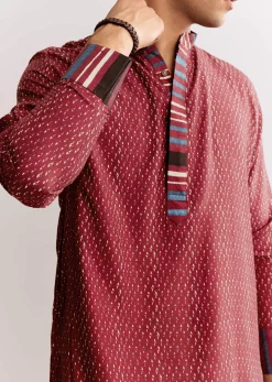 Red Linen Kurta Set With Ajrakh Print