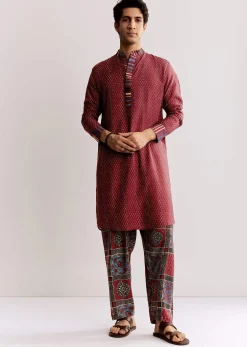Red Linen Kurta Set With Ajrakh Print
