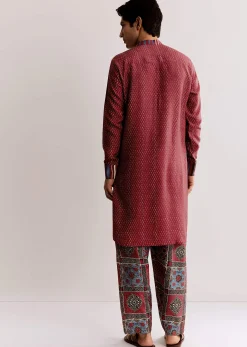 Red Linen Kurta Set With Ajrakh Print