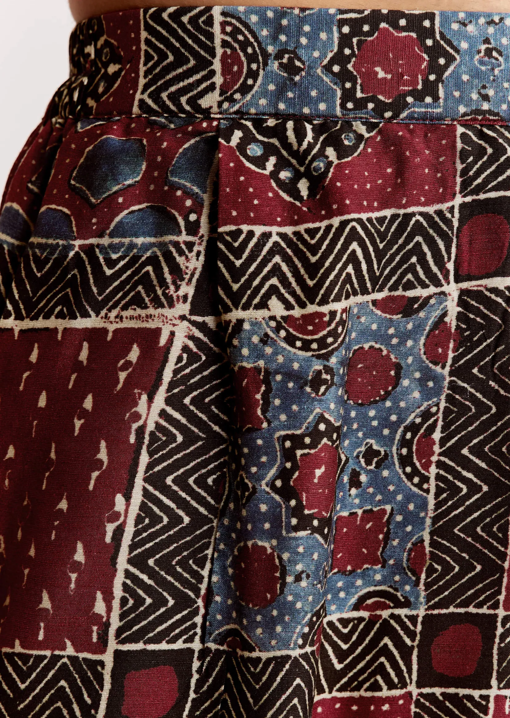 Red Linen Kurta Set With Ajrakh Print