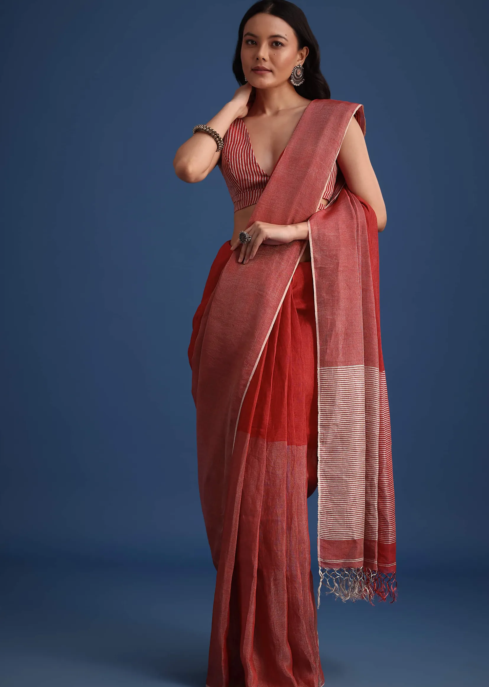Red Linen Tissue Saree With Zari Border Pallu