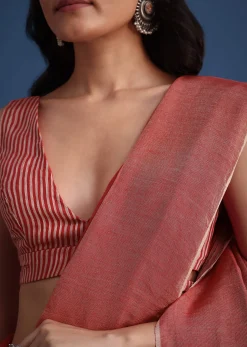 Red Linen Tissue Saree With Zari Border Pallu