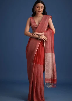 Red Linen Tissue Saree With Zari Border Pallu