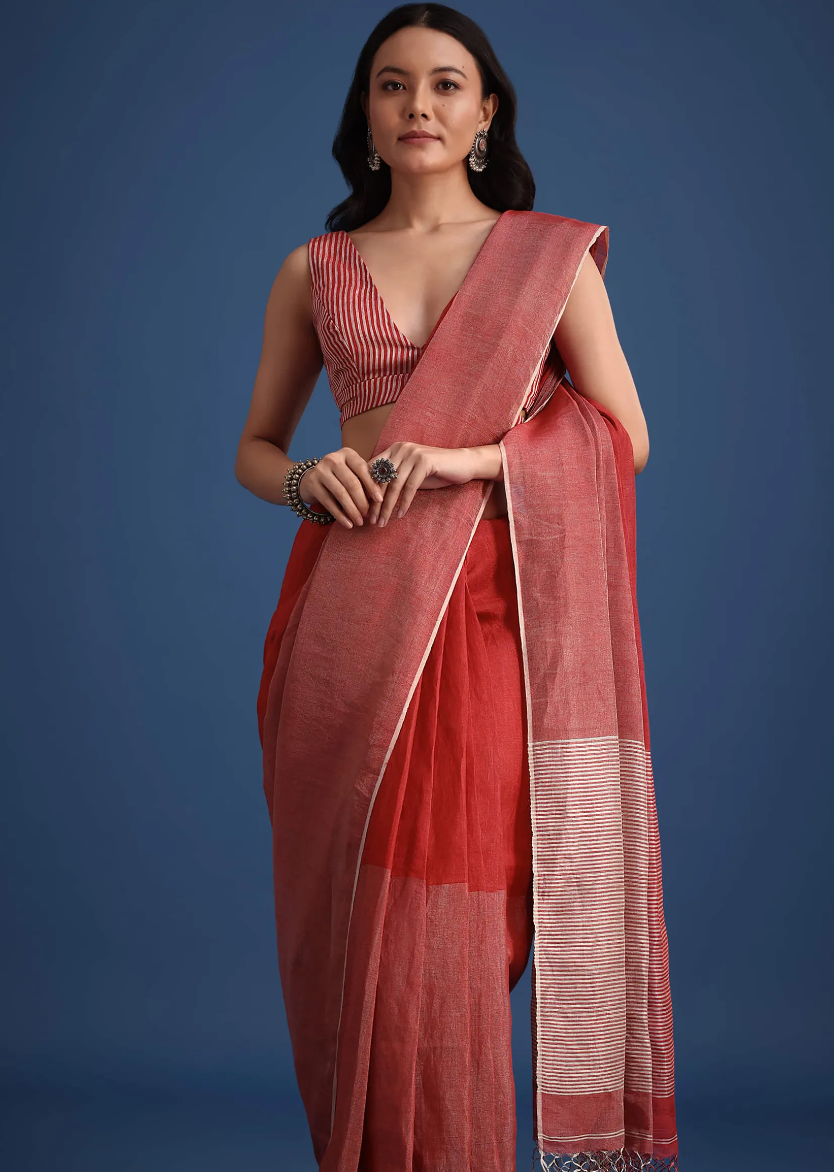 Red Linen Tissue Saree With Zari Border Pallu