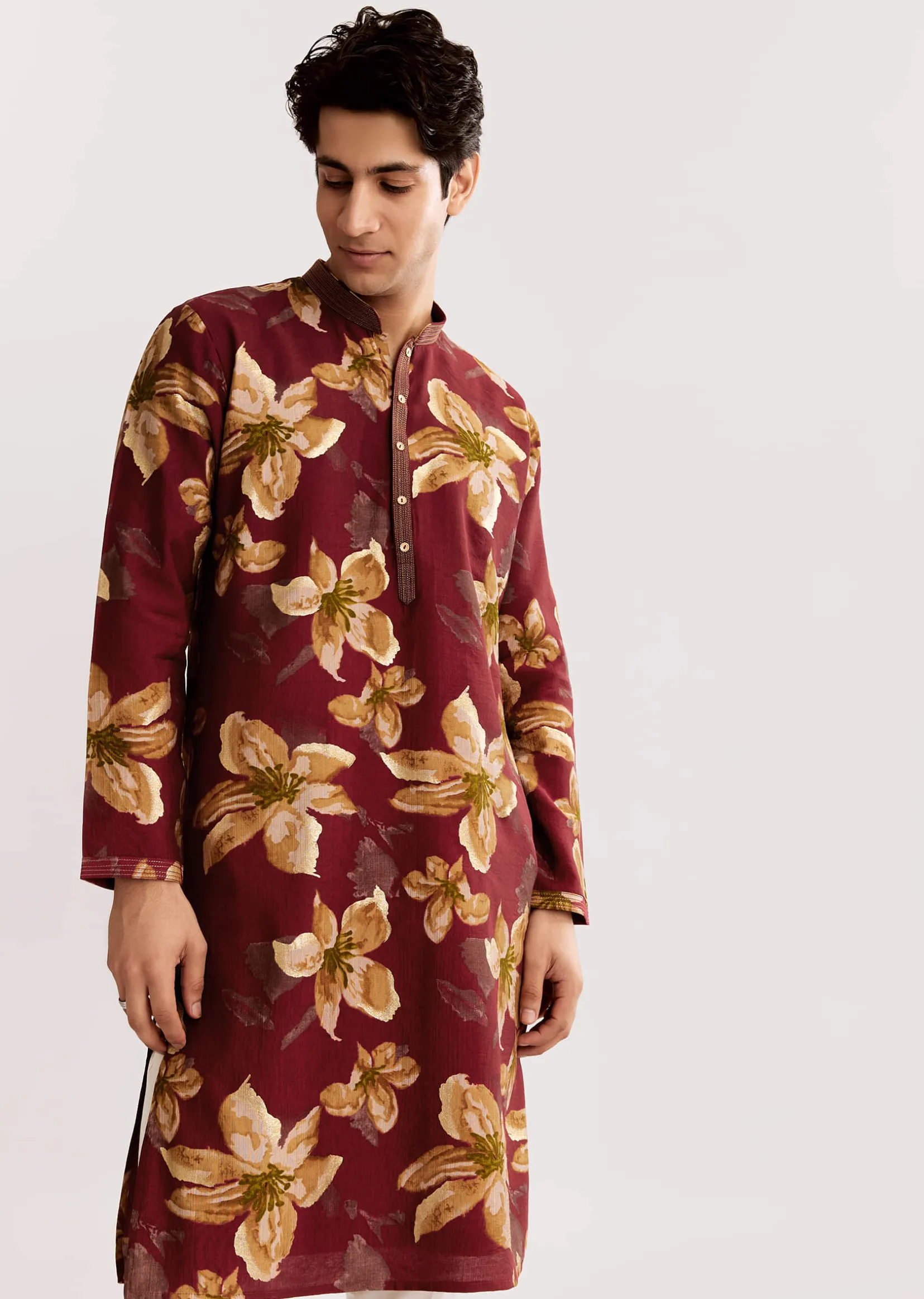 Red Maroon Silk Kurta Set With Floral Print