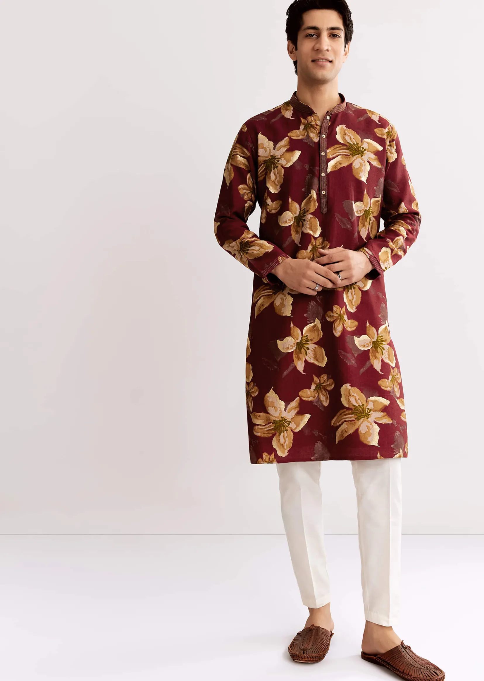 Red Maroon Silk Kurta Set With Floral Print