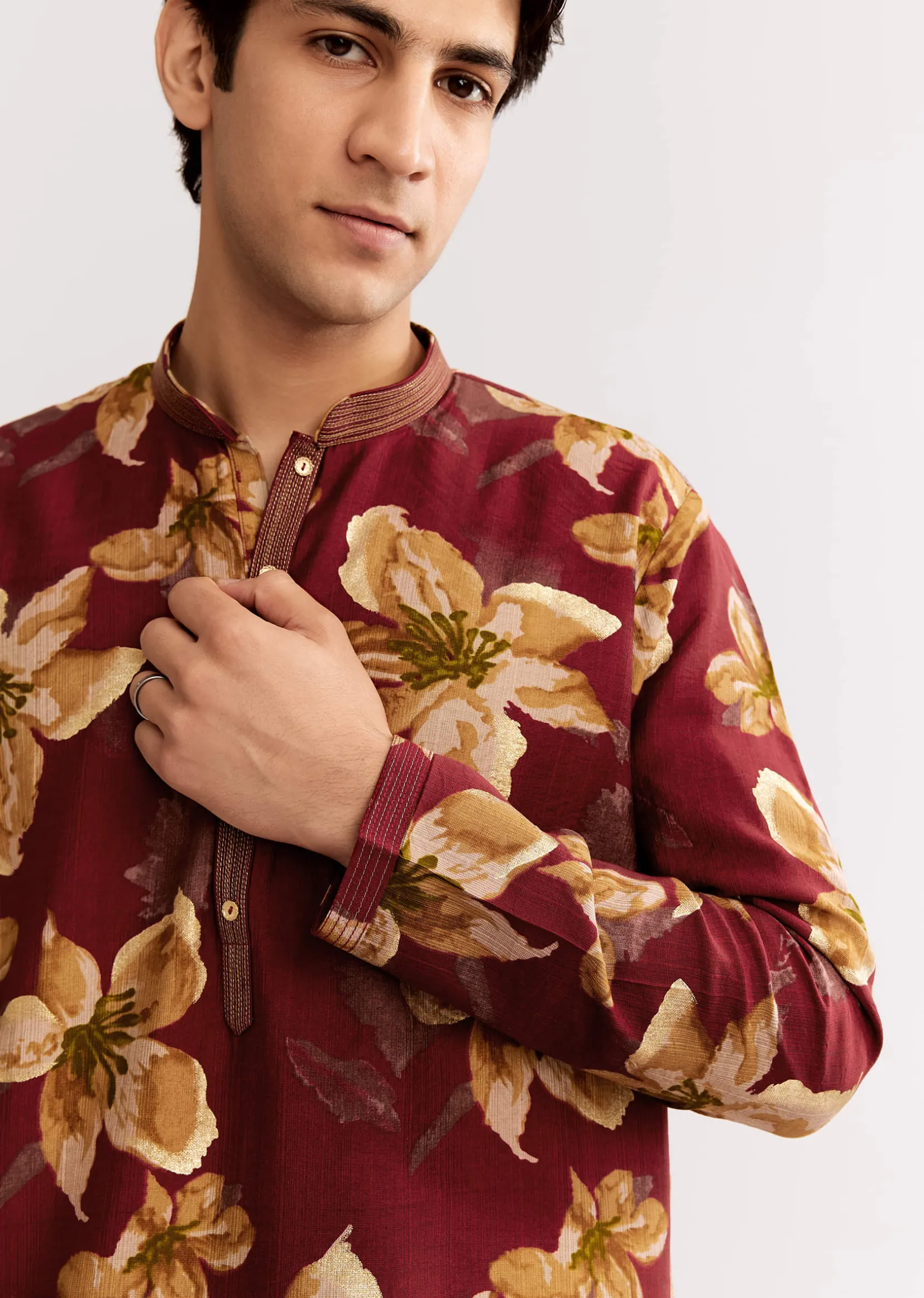 Red Maroon Silk Kurta Set With Floral Print