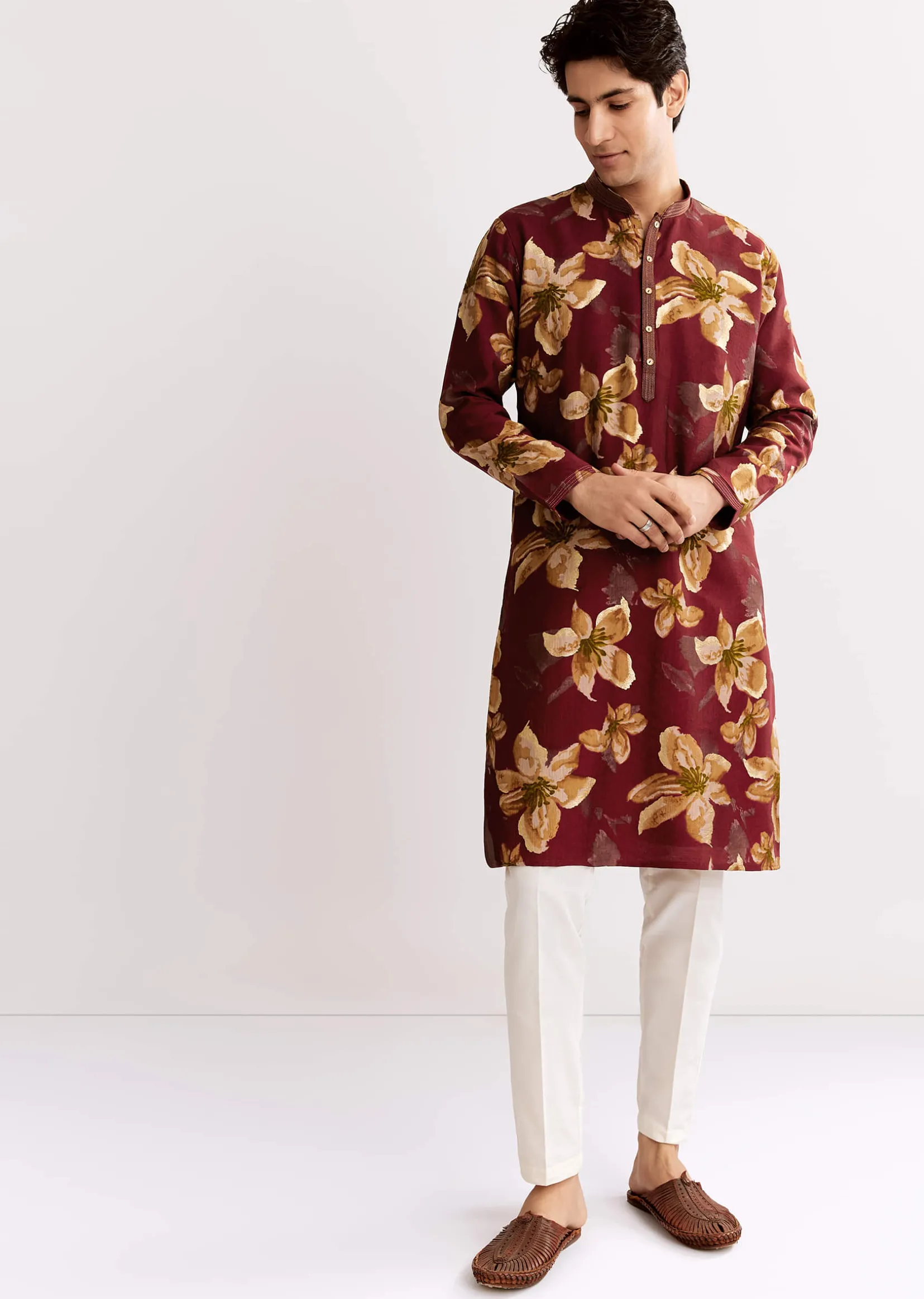 Red Maroon Silk Kurta Set With Floral Print