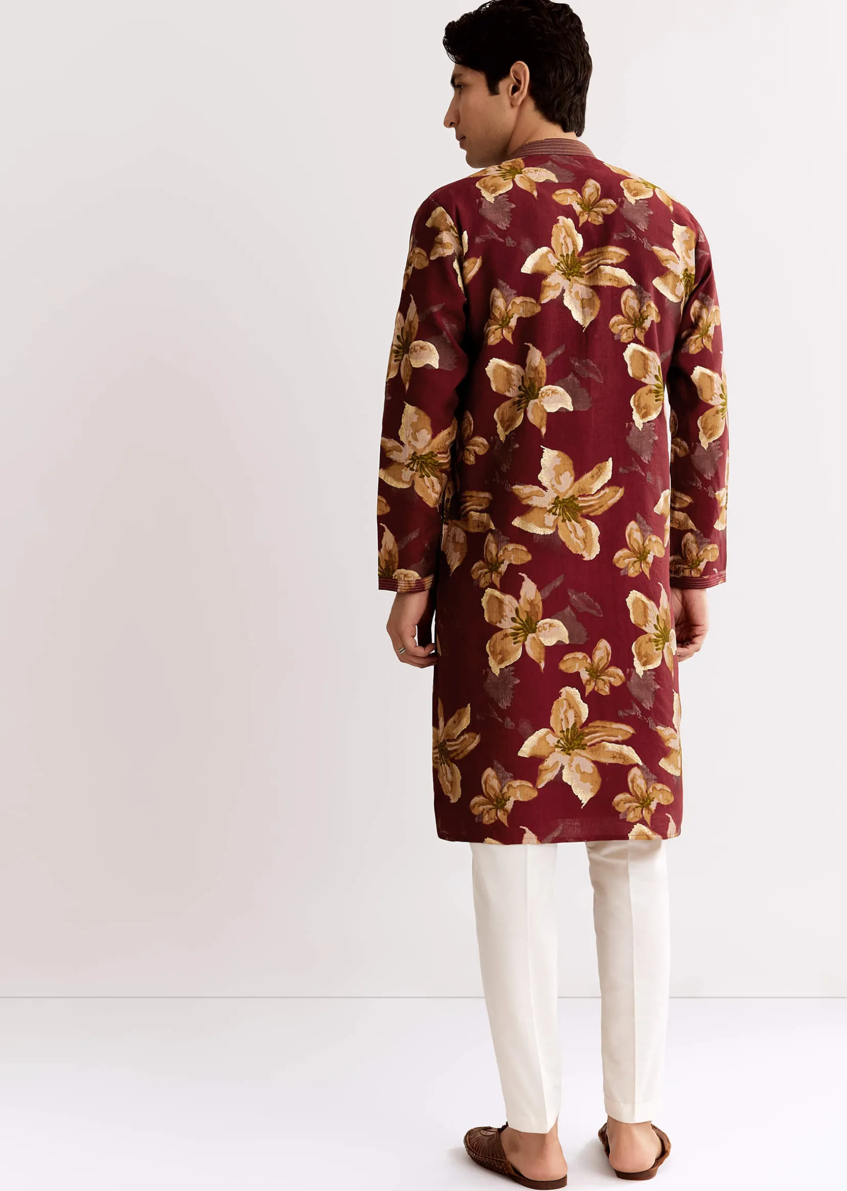 Red Maroon Silk Kurta Set With Floral Print