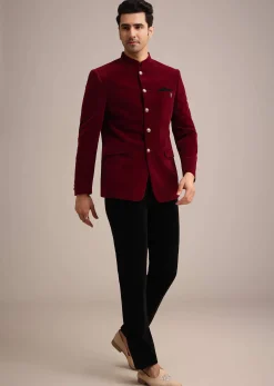 Red Micro Velvet Jodhpuri Set With Pocket Square
