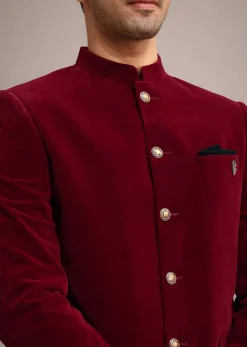 Red Micro Velvet Jodhpuri Set With Pocket Square