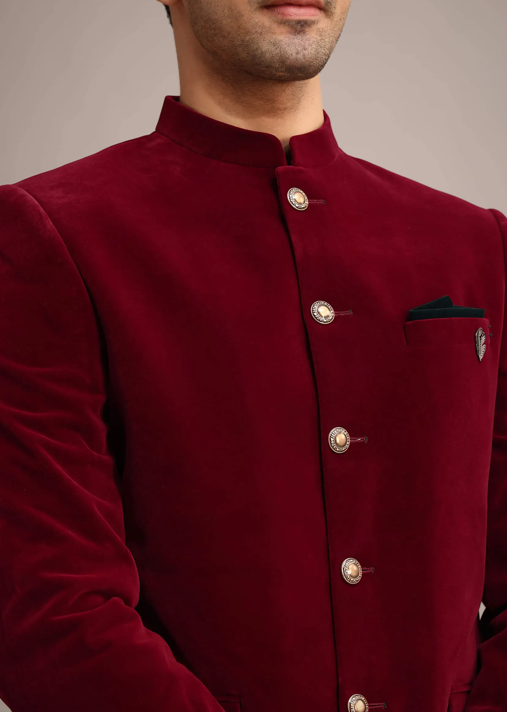 Red Micro Velvet Jodhpuri Set With Pocket Square
