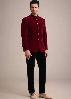 Red Micro Velvet Jodhpuri Set With Pocket Square