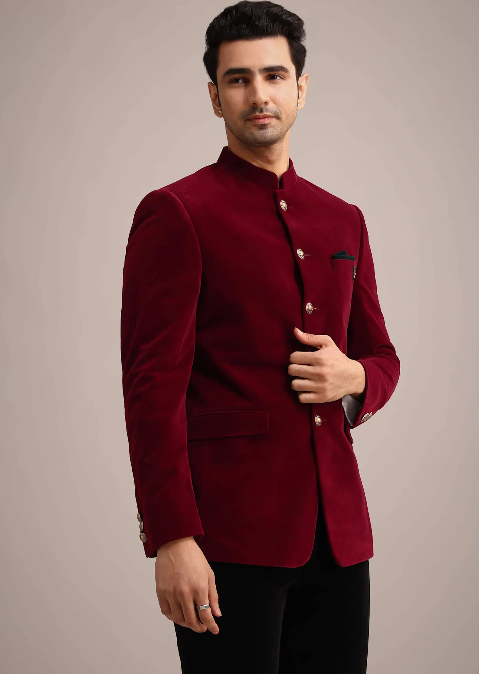Red Micro Velvet Jodhpuri Set With Pocket Square