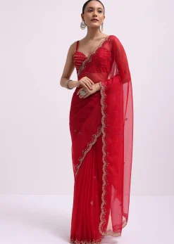 Red Mirror Embellished Organza Saree With Unstitched Blouse