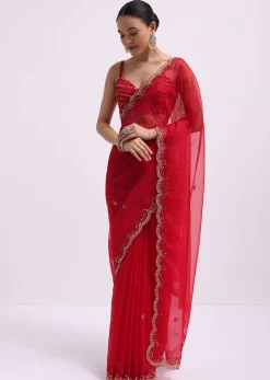 Red Mirror Embellished Organza Saree With Unstitched Blouse