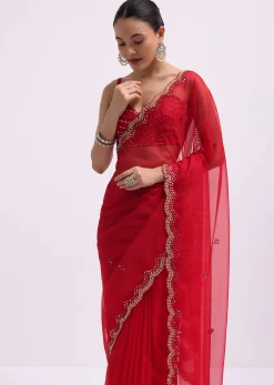 Red Mirror Embellished Organza Saree With Unstitched Blouse