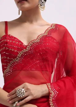 Red Mirror Embellished Organza Saree With Unstitched Blouse