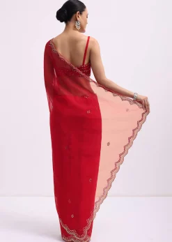 Red Mirror Embellished Organza Saree With Unstitched Blouse