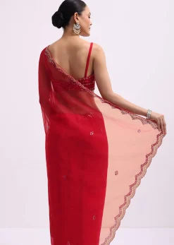 Red Mirror Embellished Organza Saree With Unstitched Blouse