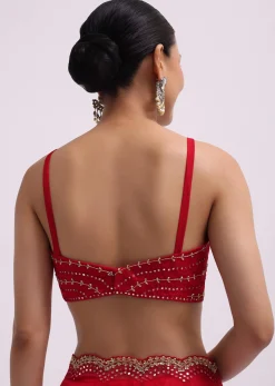 Red Mirror Embellished Organza Saree With Unstitched Blouse