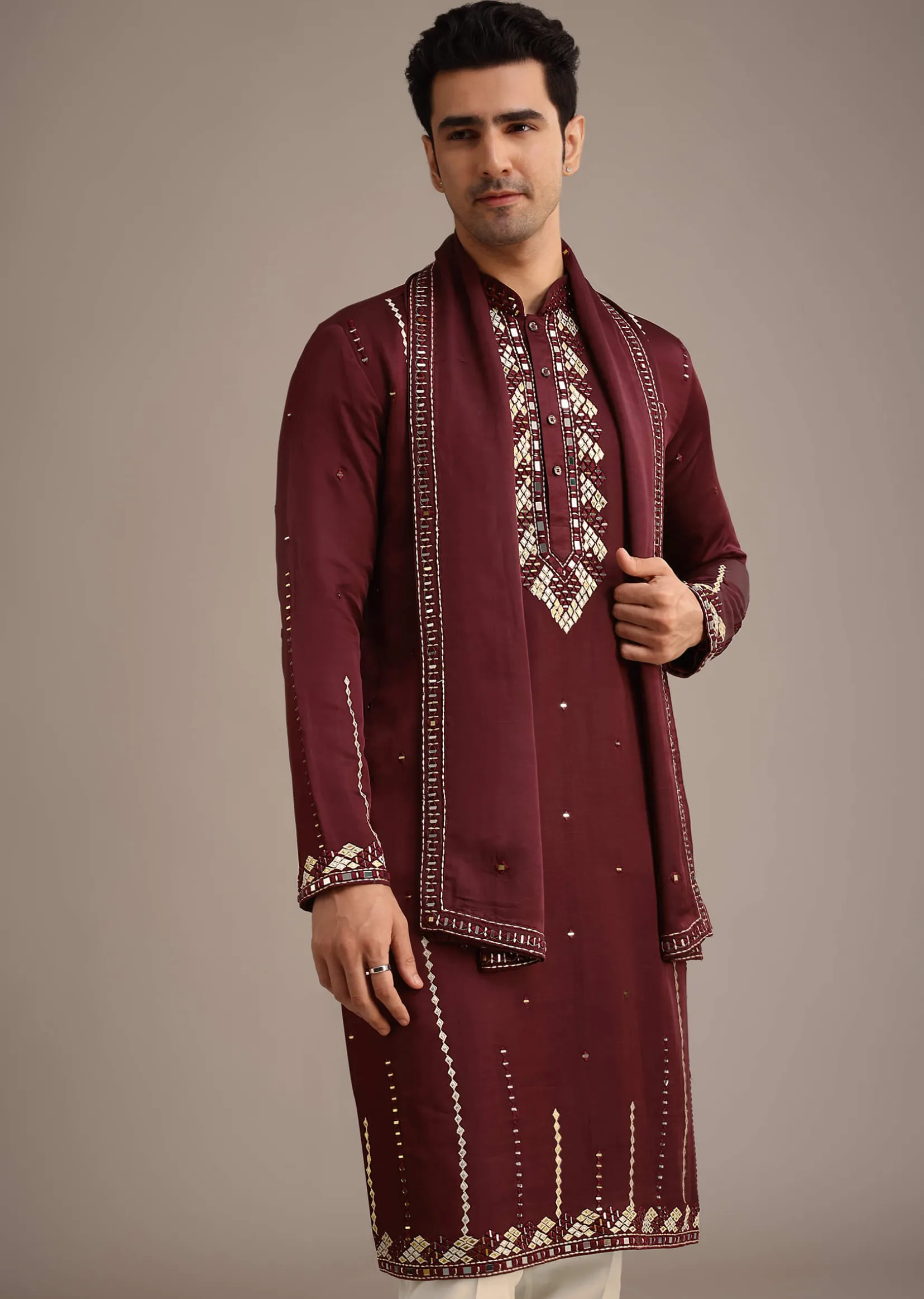Red Mirror Work Kurta Set With Dupatta