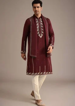 Red Mirror Work Kurta Set With Dupatta