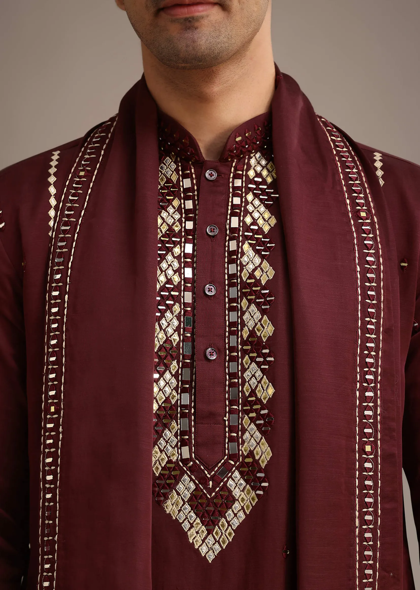 Red Mirror Work Kurta Set With Dupatta