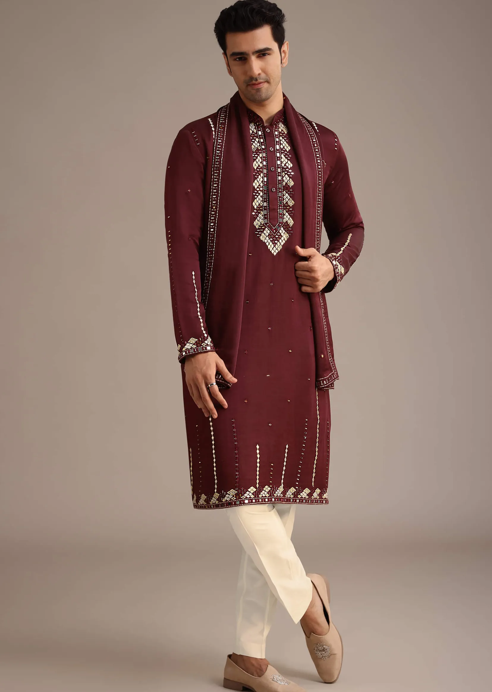 Red Mirror Work Kurta Set With Dupatta