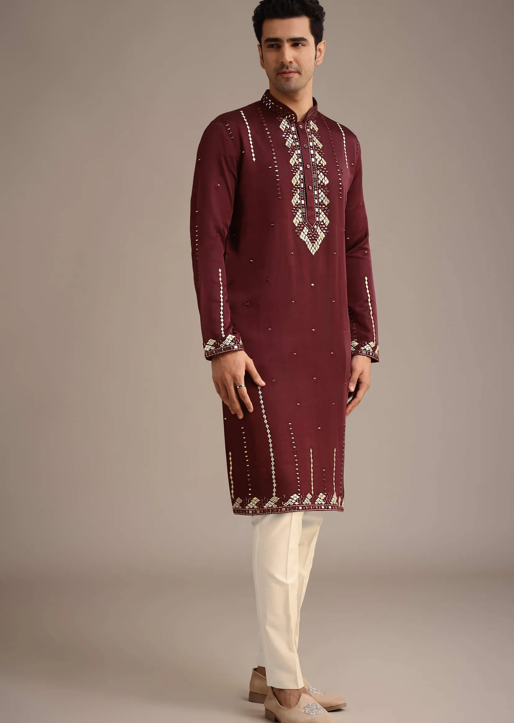 Red Mirror Work Kurta Set With Dupatta