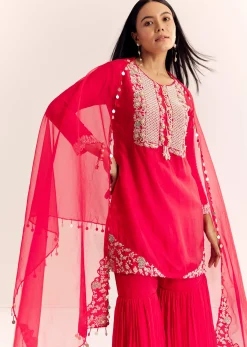 Red Moti Threadwork Dola Silk Sharara Suit With Organza Dupatta