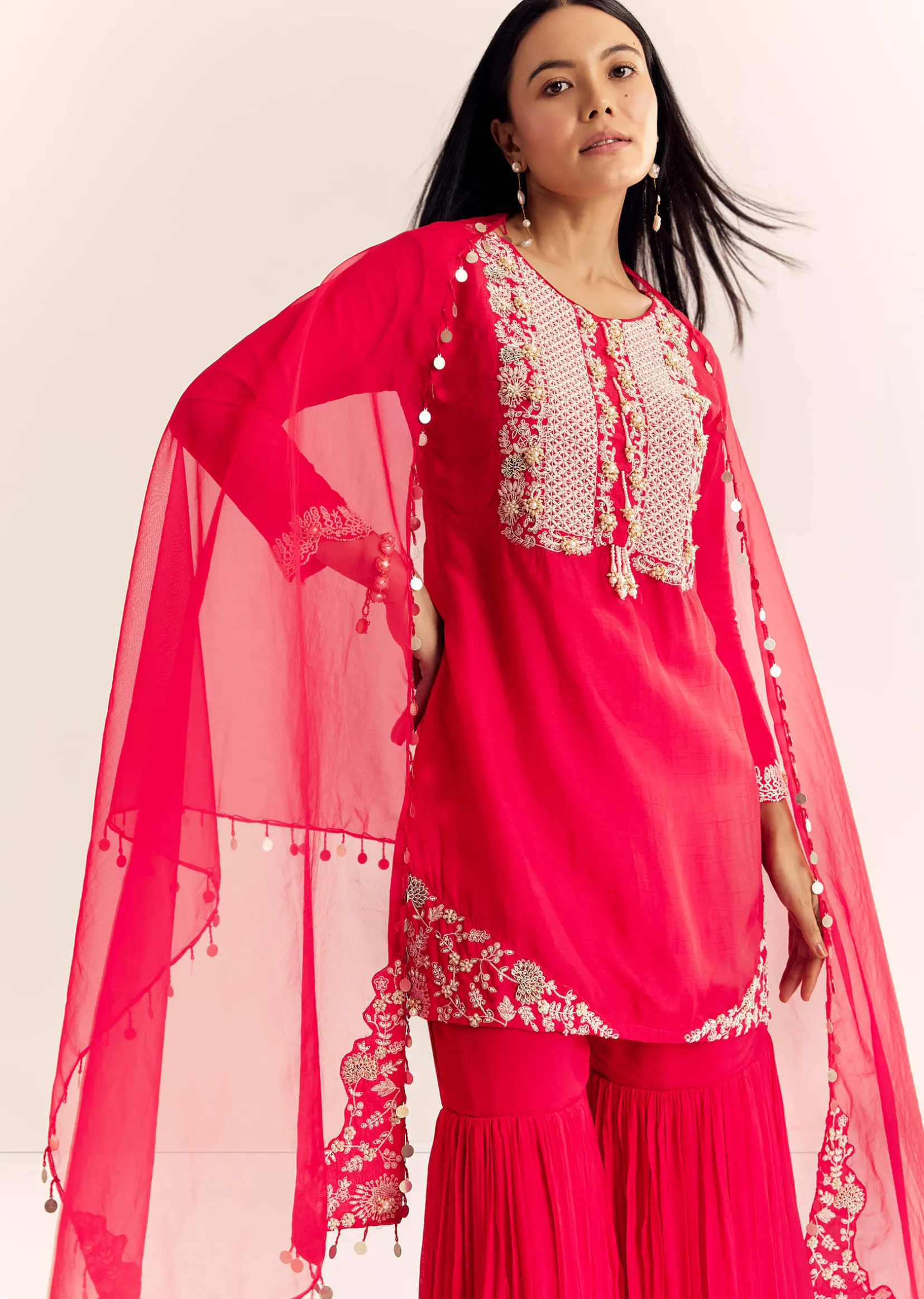 Red Moti Threadwork Dola Silk Sharara Suit With Organza Dupatta