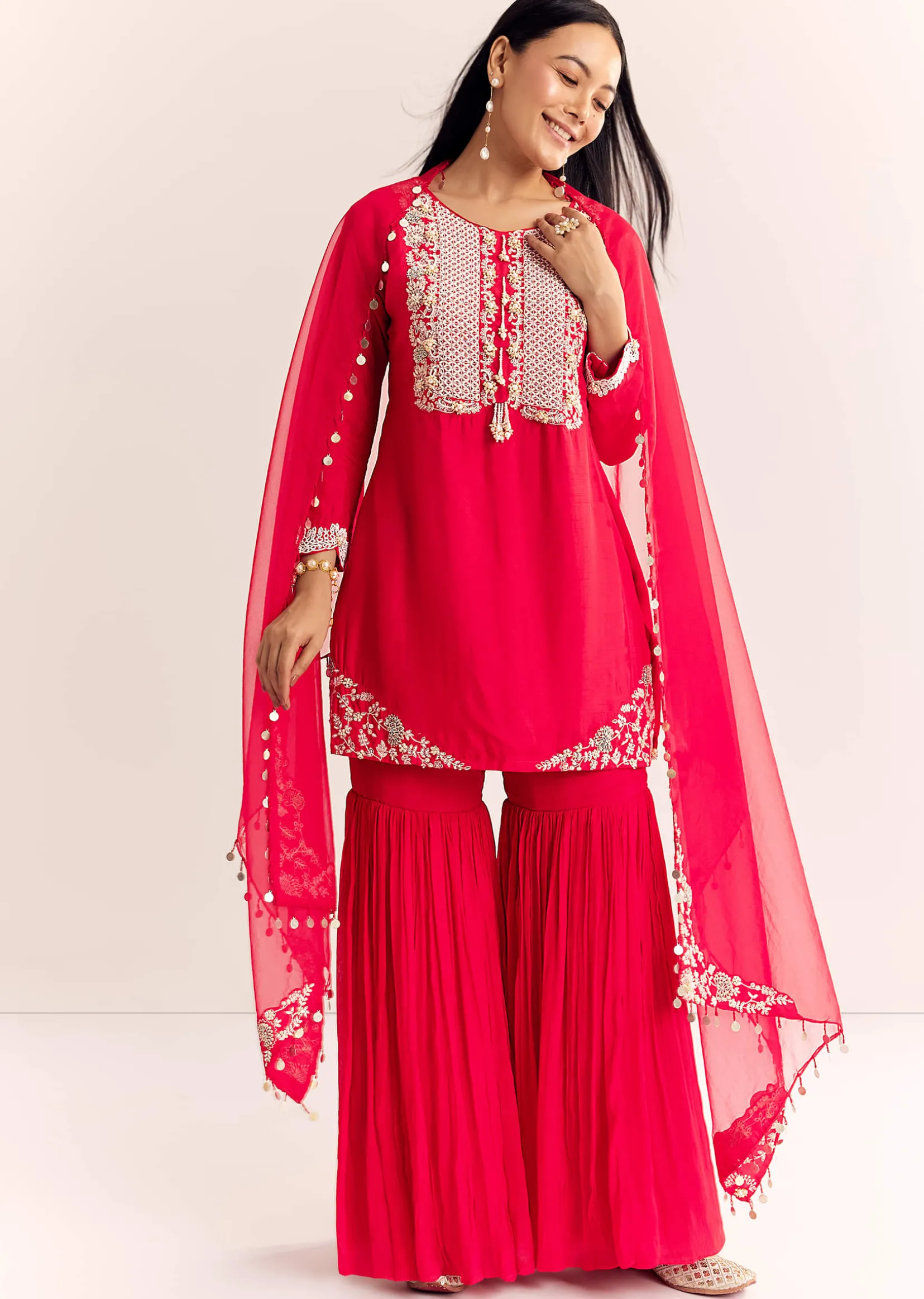 Red Moti Threadwork Dola Silk Sharara Suit With Organza Dupatta