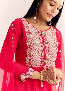 Red Moti Threadwork Dola Silk Sharara Suit With Organza Dupatta