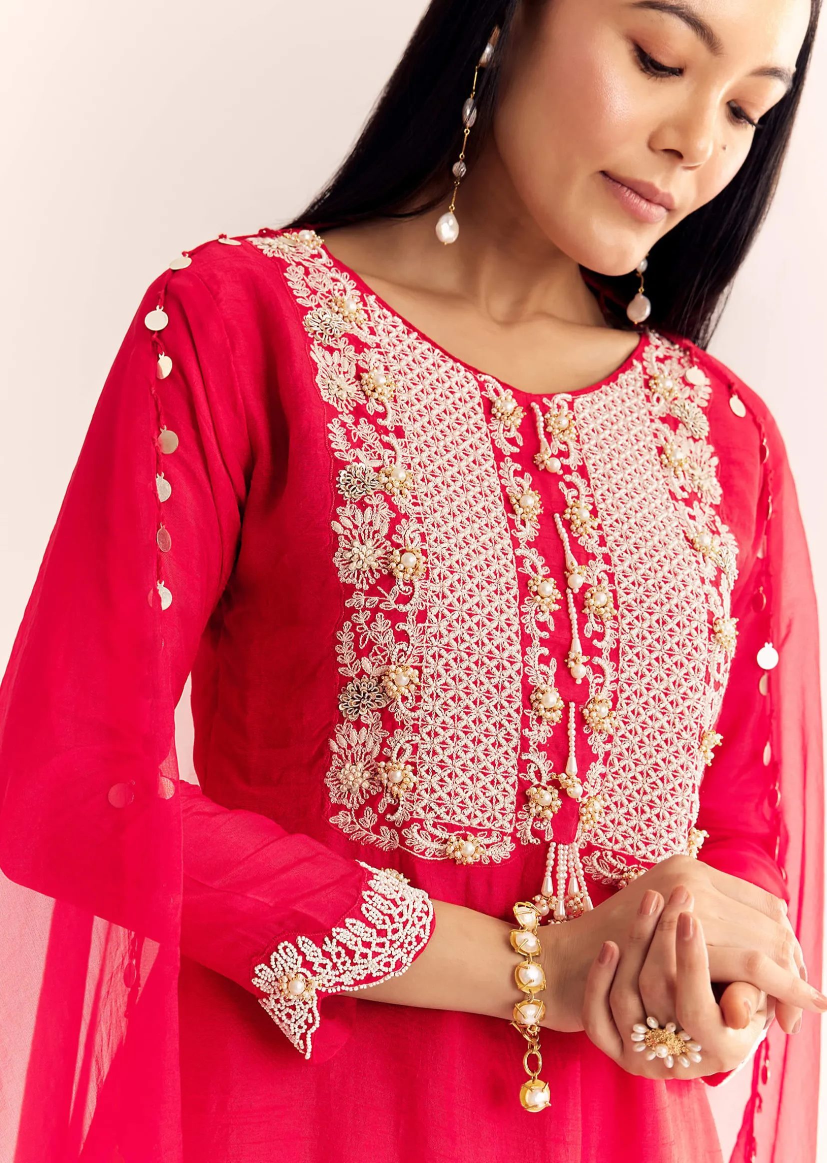 Red Moti Threadwork Dola Silk Sharara Suit With Organza Dupatta