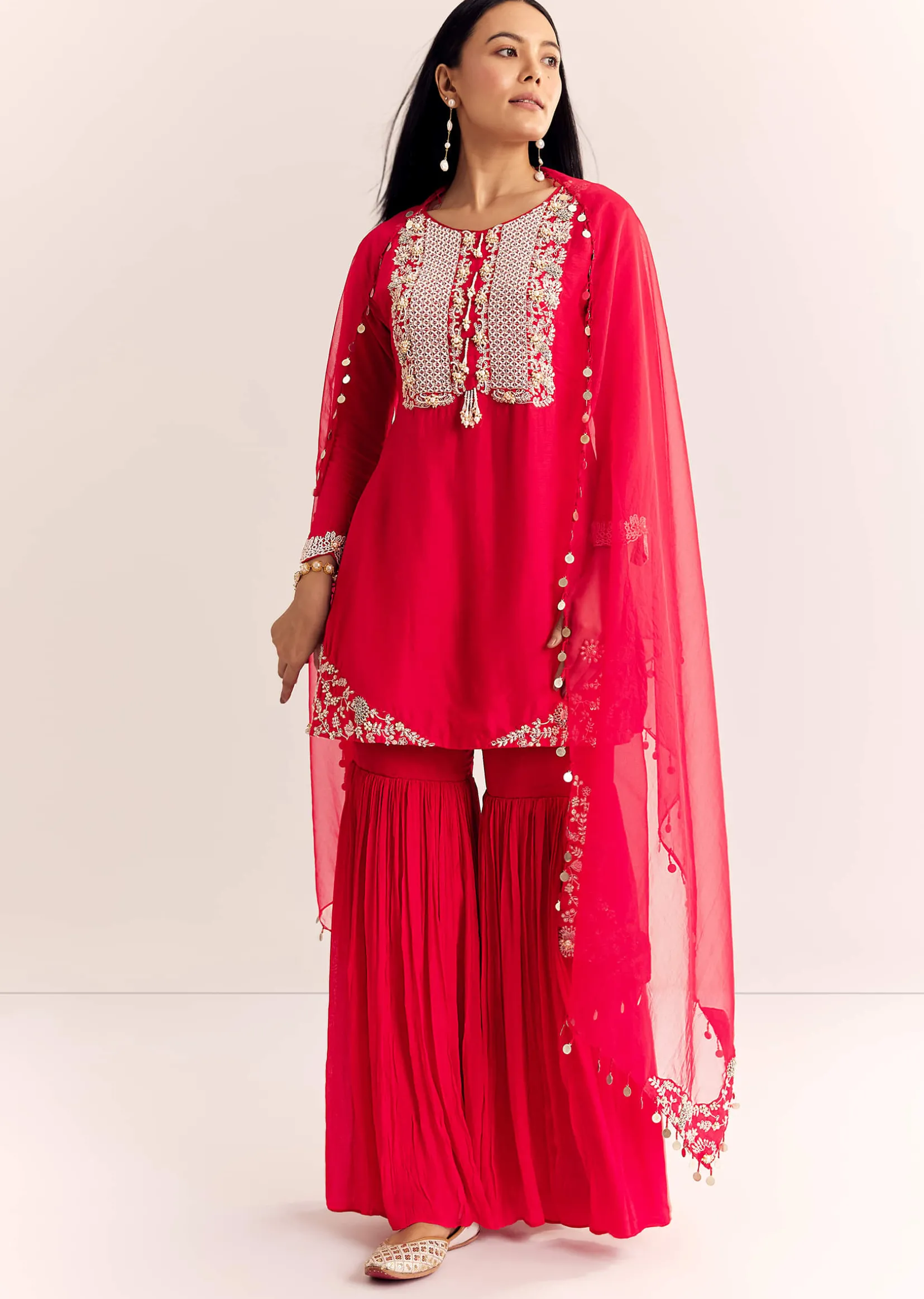 Red Moti Threadwork Dola Silk Sharara Suit With Organza Dupatta