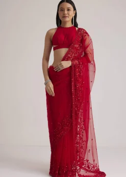 Red Net Saree With Sequins And Stones Embroidery