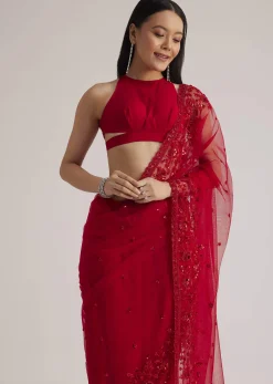 Red Net Saree With Sequins And Stones Embroidery