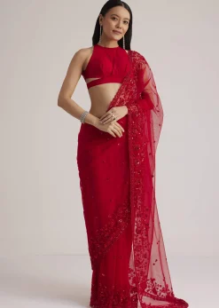 Red Net Saree With Sequins And Stones Embroidery
