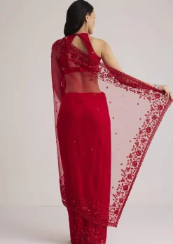 Red Net Saree With Sequins And Stones Embroidery