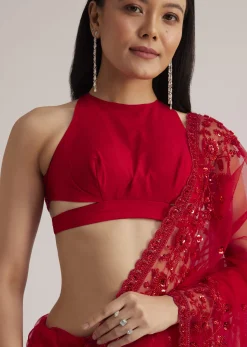 Red Net Saree With Sequins And Stones Embroidery