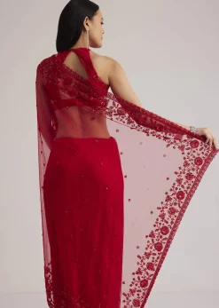 Red Net Saree With Sequins And Stones Embroidery