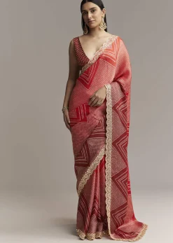Red Ombre Satin Saree With Geometric Print And Gota Border