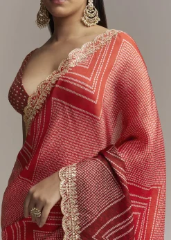Red Ombre Satin Saree With Geometric Print And Gota Border