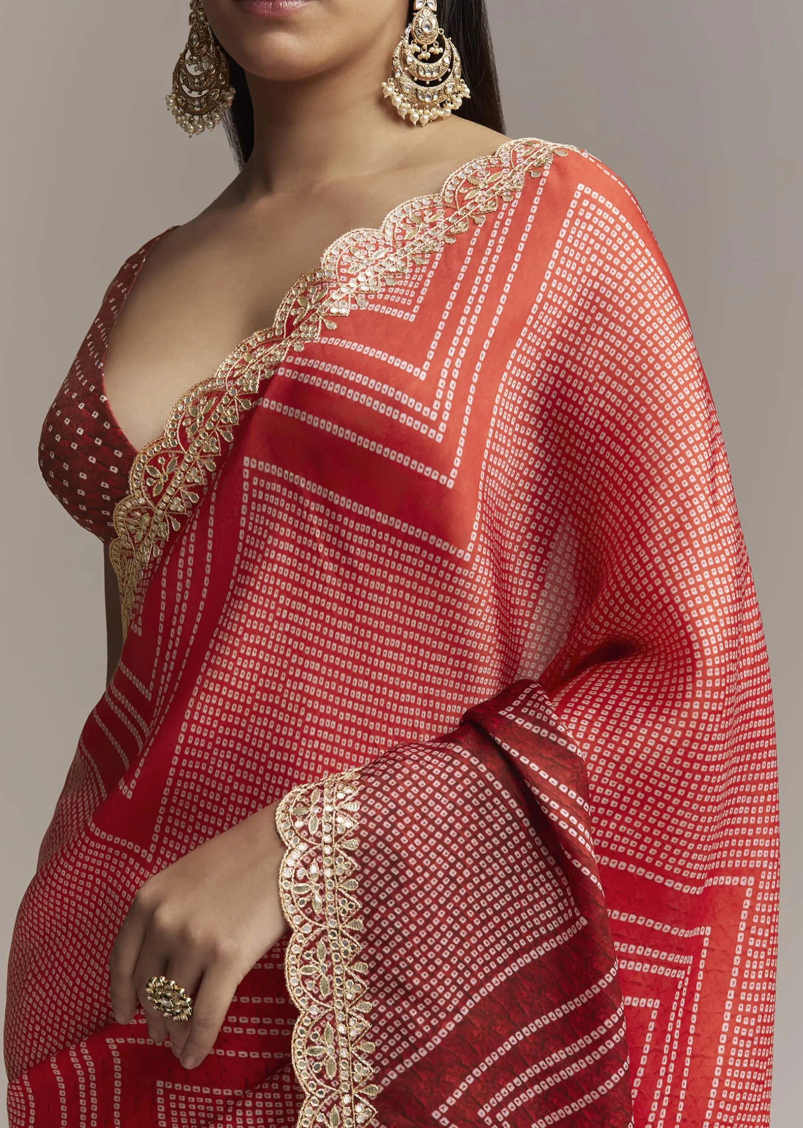 Red Ombre Satin Saree With Geometric Print And Gota Border