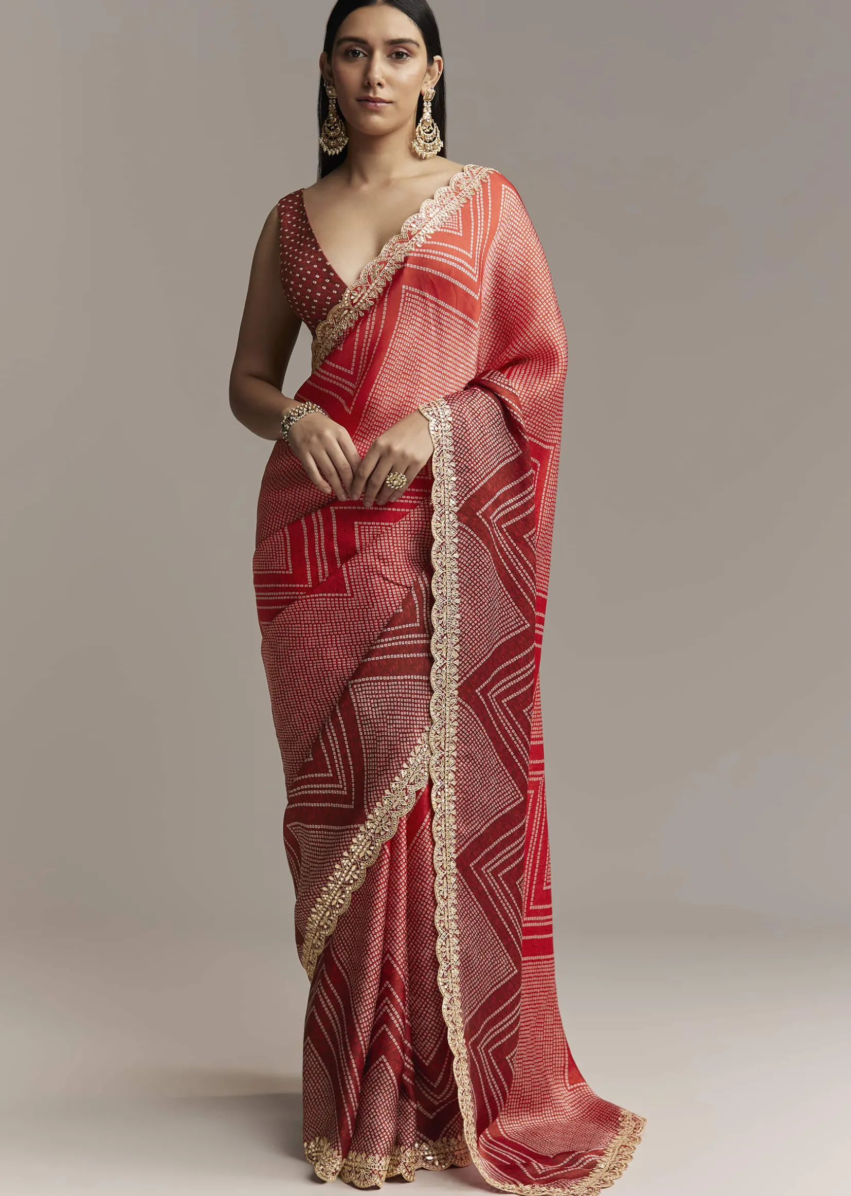 Red Ombre Satin Saree With Geometric Print And Gota Border