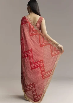 Red Ombre Satin Saree With Geometric Print And Gota Border